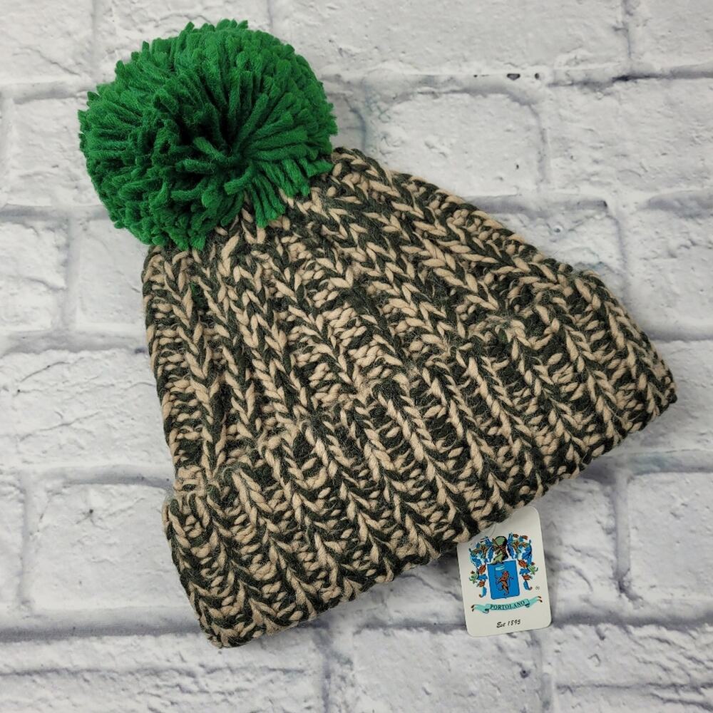 NWT Chunky Camel & Green Pom Pom Hat by Portolano